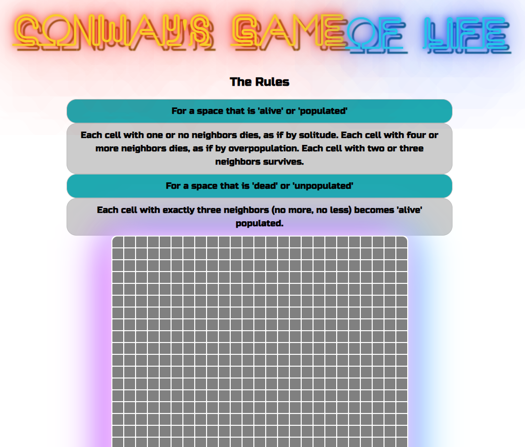 snapshot of Conways Game of Life web game